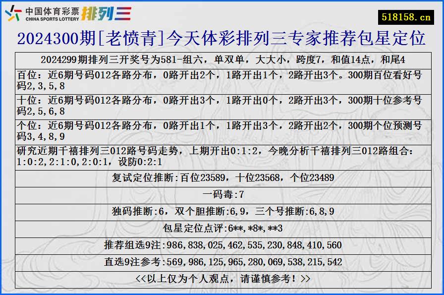 2024300期[老愤青]今天体彩排列三专家推荐包星定位