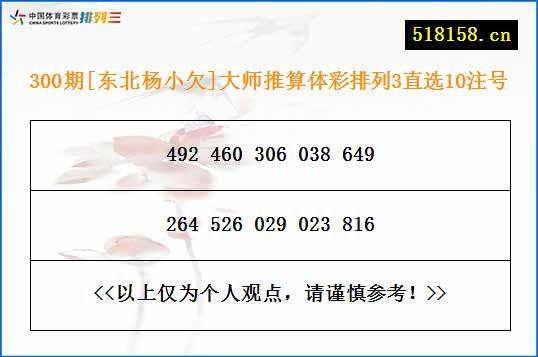 300期[东北杨小欠]大师推算体彩排列3直选10注号