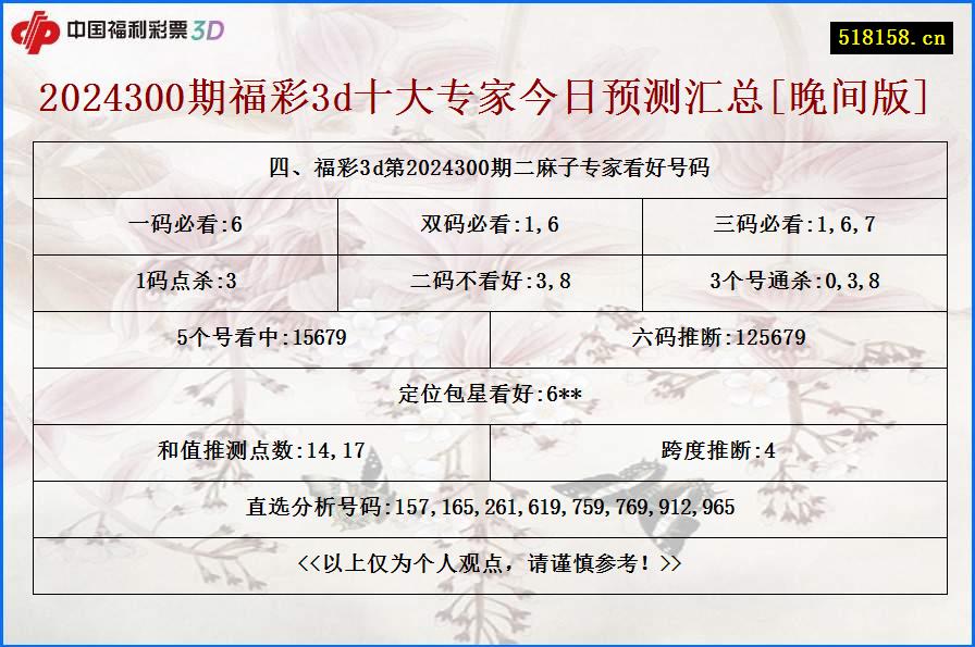 四、福彩3d第2024300期二麻子专家看好号码