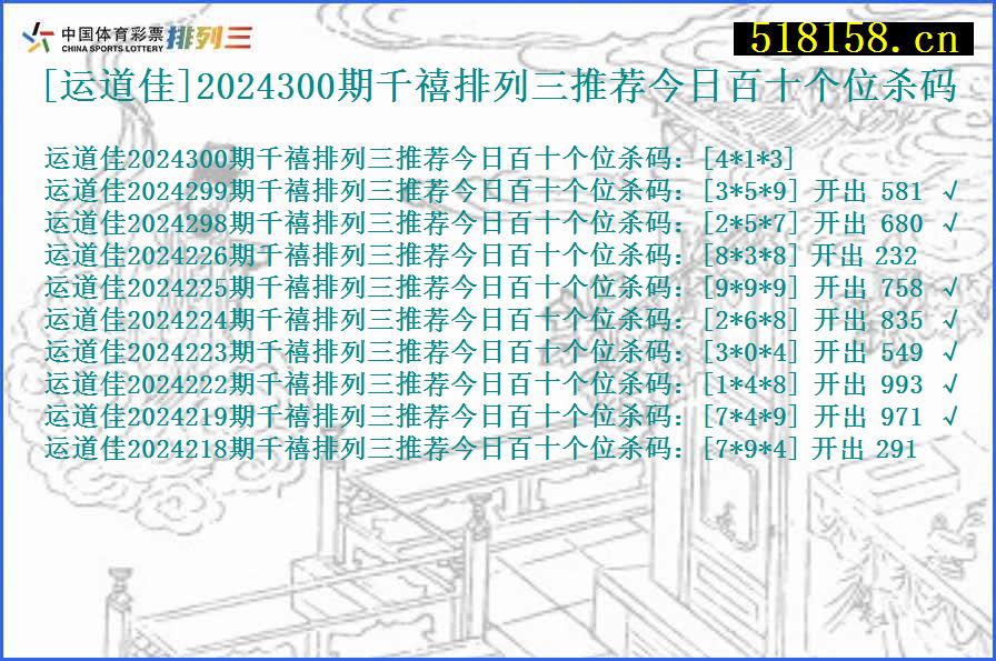 [运道佳]2024300期千禧排列三推荐今日百十个位杀码