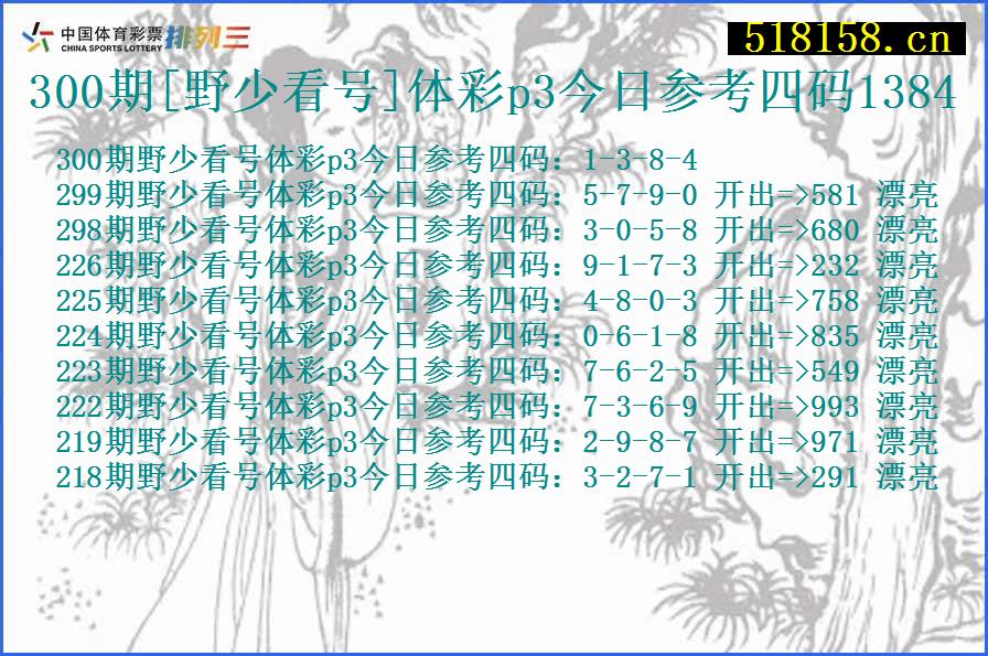 300期[野少看号]体彩p3今日参考四码1384