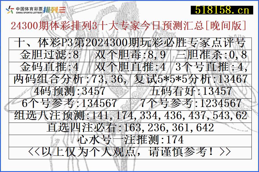 十、体彩P3第2024300期玩彩必胜专家点评号码