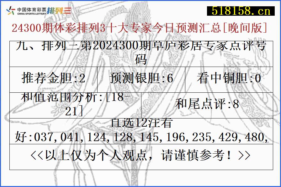 九、排列三第2024300期草庐彩居专家点评号码