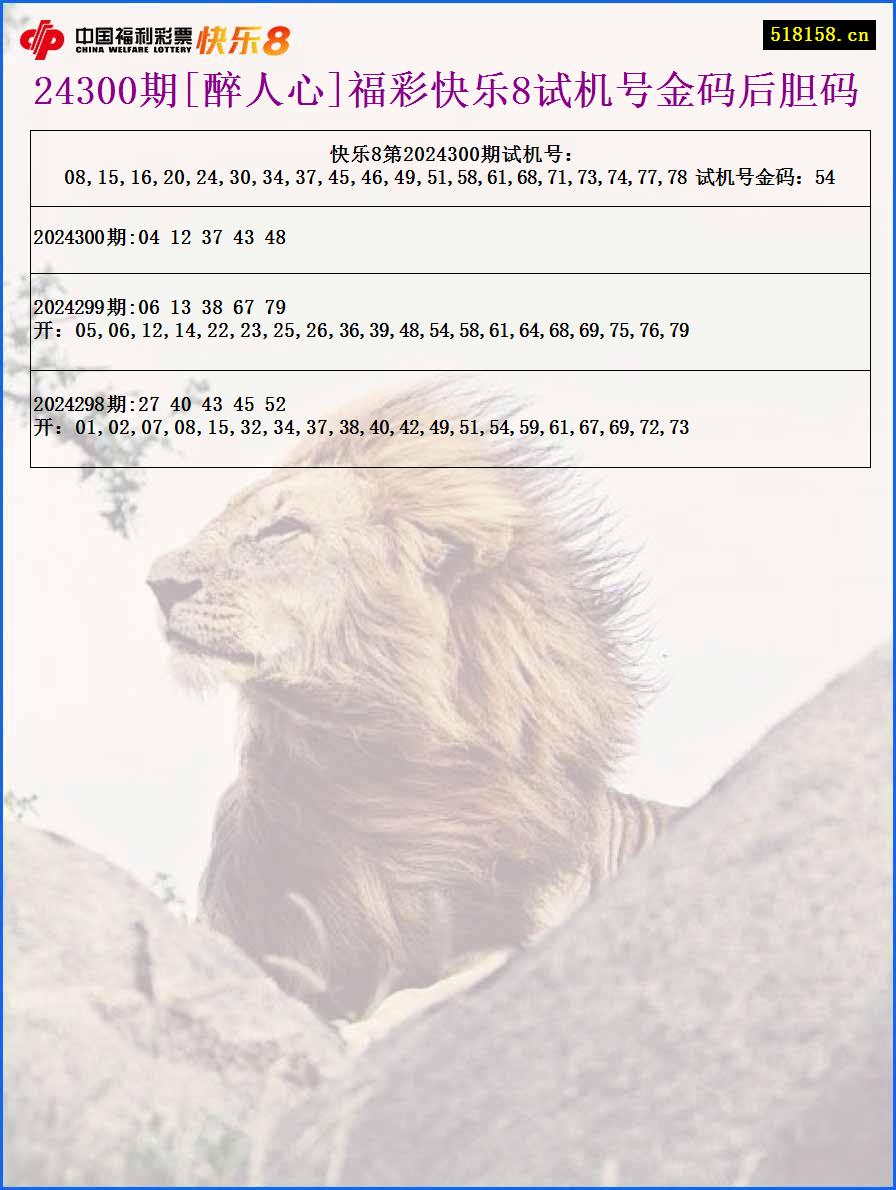 24300期[醉人心]福彩快乐8试机号金码后胆码