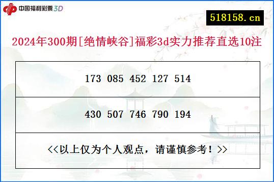 2024年300期[绝情峡谷]福彩3d实力推荐直选10注