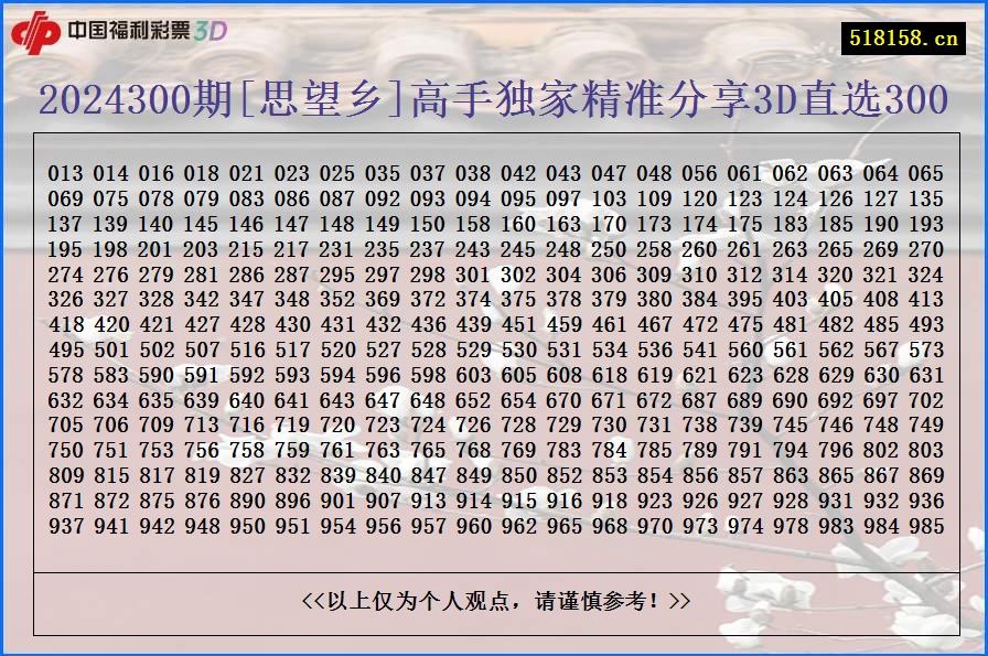 2024300期[思望乡]高手独家精准分享3D直选300