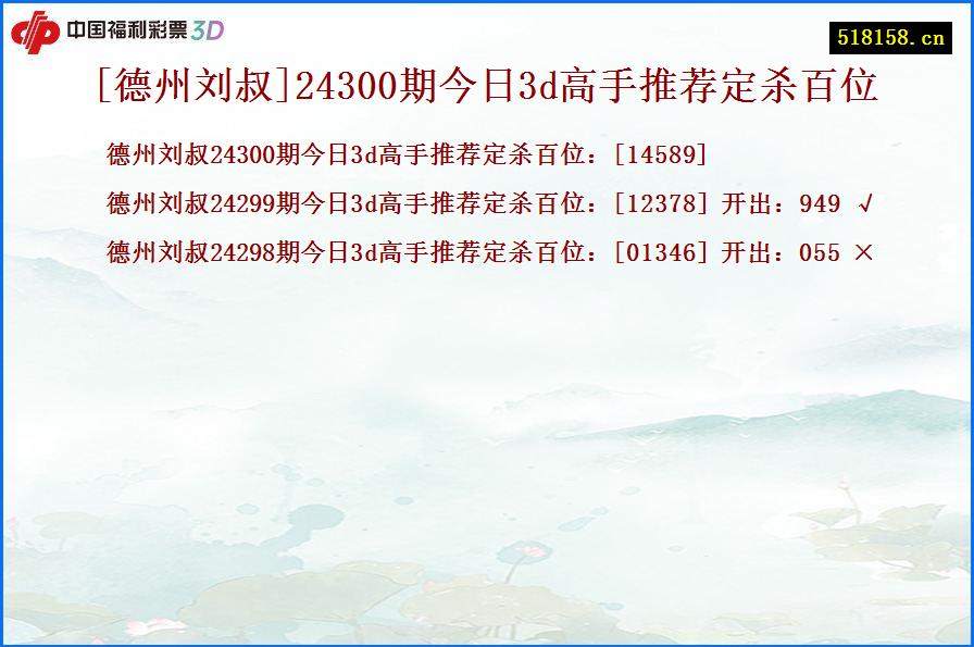 [德州刘叔]24300期今日3d高手推荐定杀百位