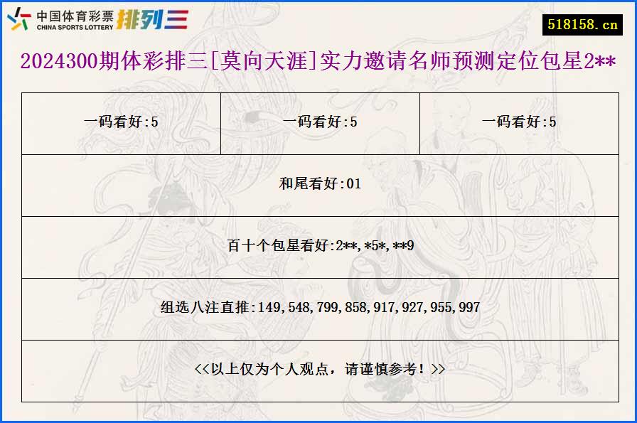 2024300期体彩排三[莫向天涯]实力邀请名师预测定位包星2**