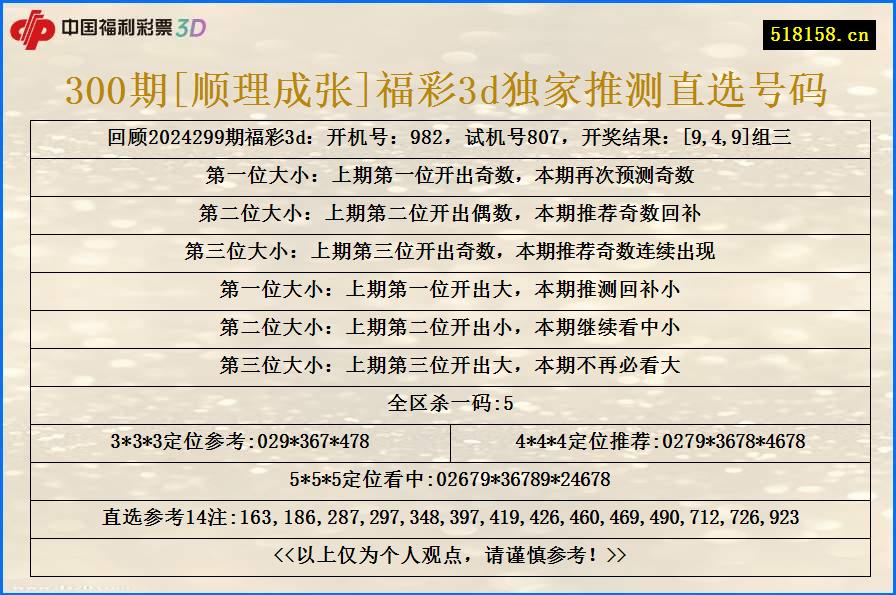 300期[顺理成张]福彩3d独家推测直选号码