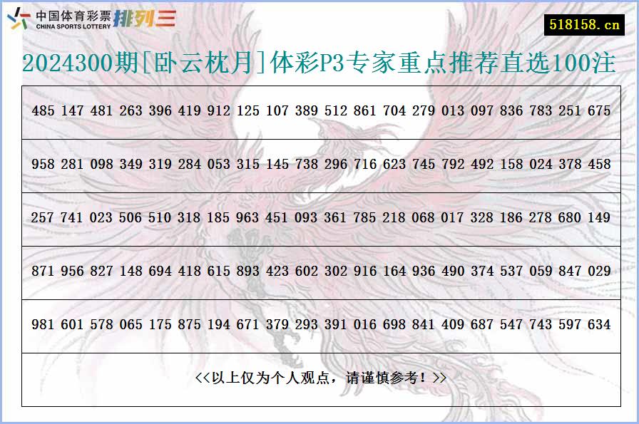 2024300期[卧云枕月]体彩P3专家重点推荐直选100注