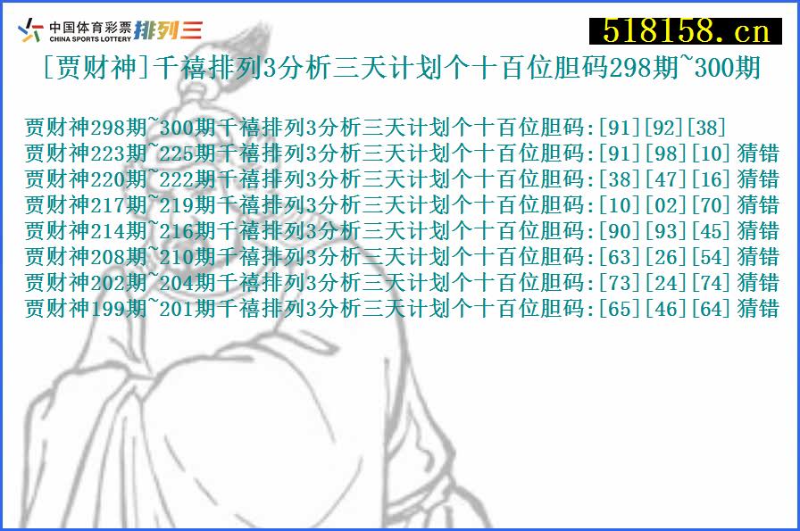 [贾财神]千禧排列3分析三天计划个十百位胆码298期~300期