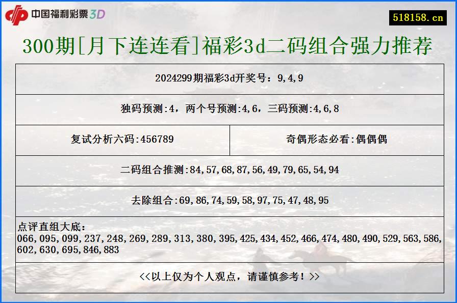 300期[月下连连看]福彩3d二码组合强力推荐