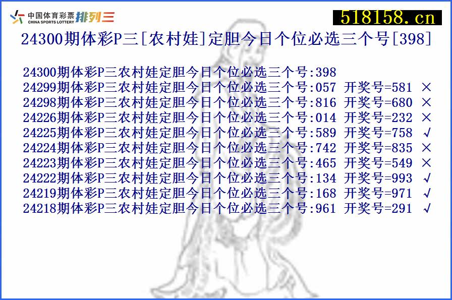 24300期体彩P三[农村娃]定胆今日个位必选三个号[398]