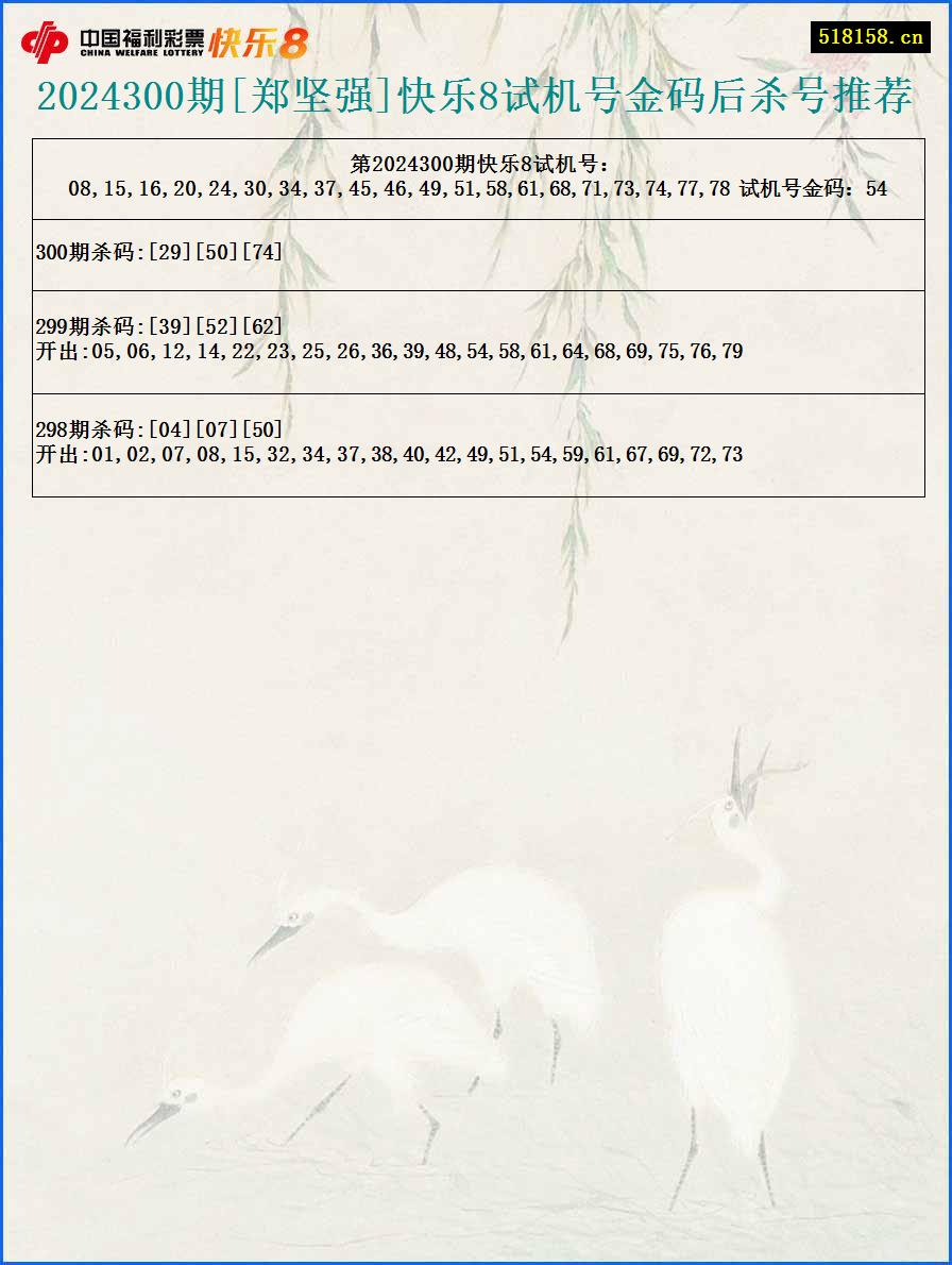 2024300期[郑坚强]快乐8试机号金码后杀号推荐