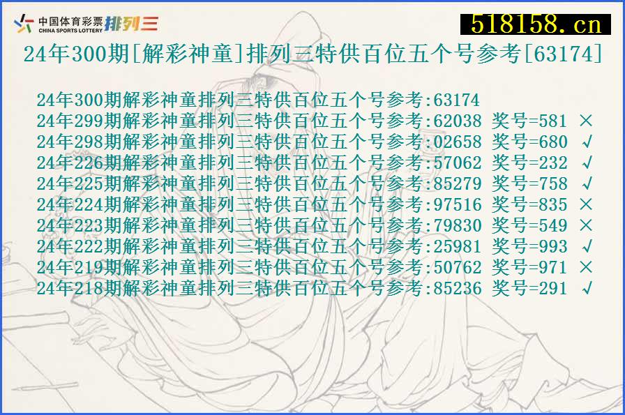 24年300期[解彩神童]排列三特供百位五个号参考[63174]