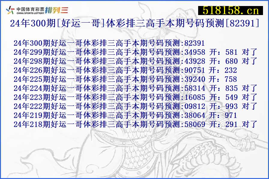 24年300期[好运一哥]体彩排三高手本期号码预测[82391]