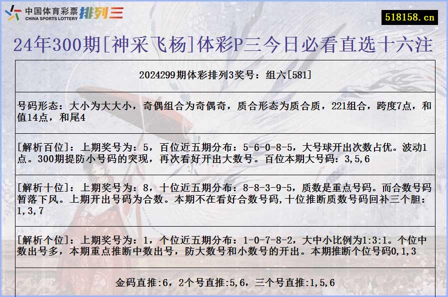 24年300期[神采飞杨]体彩P三今日必看直选十六注