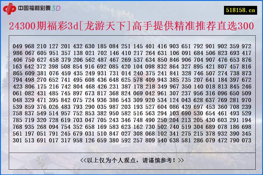 24300期福彩3d[龙游天下]高手提供精准推荐直选300