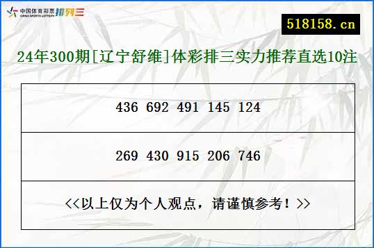 24年300期[辽宁舒维]体彩排三实力推荐直选10注