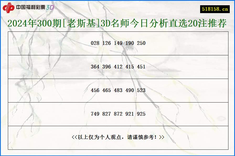 2024年300期[老斯基]3D名师今日分析直选20注推荐