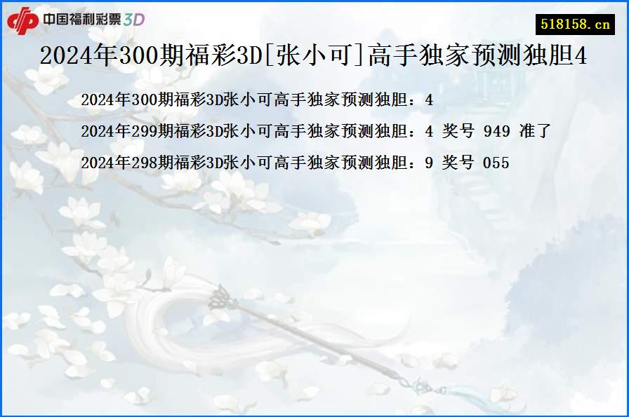 2024年300期福彩3D[张小可]高手独家预测独胆4