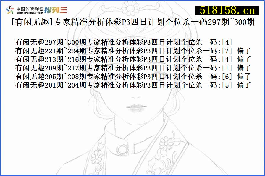 [有闲无趣]专家精准分析体彩P3四日计划个位杀一码297期~300期