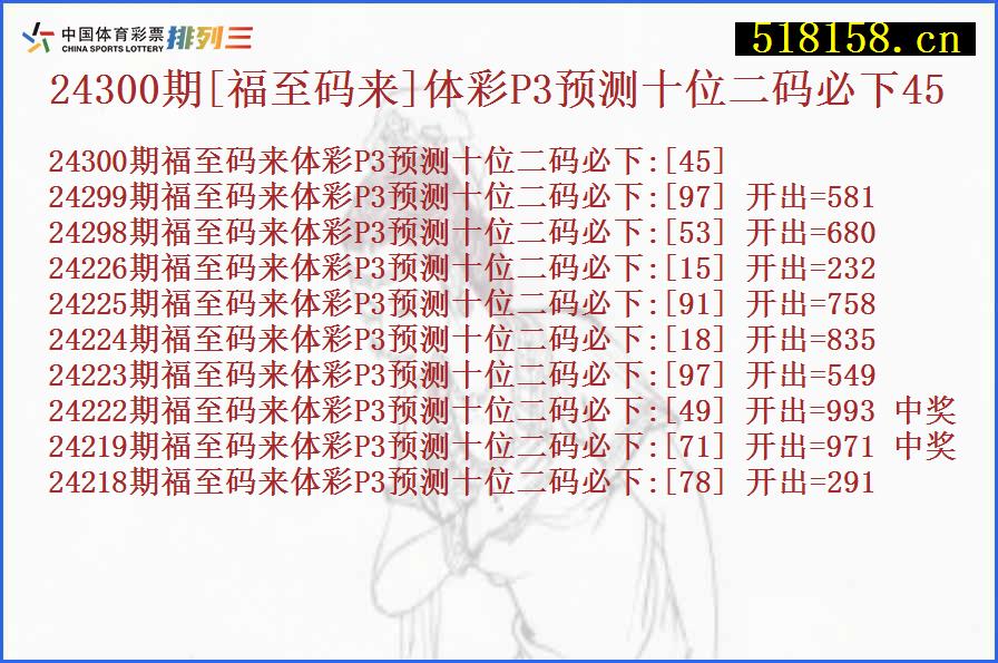 24300期[福至码来]体彩P3预测十位二码必下45