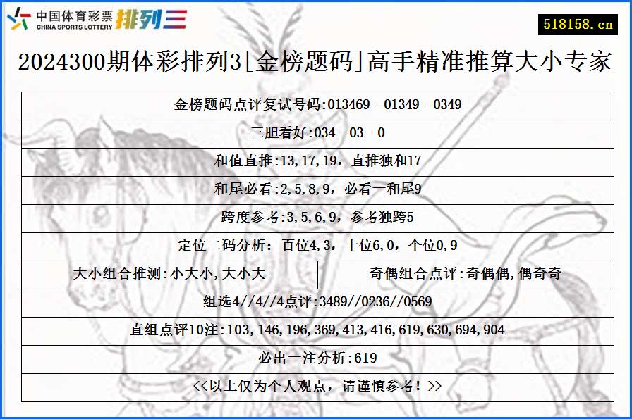 2024300期体彩排列3[金榜题码]高手精准推算大小专家