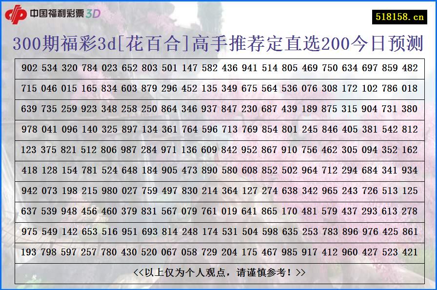 300期福彩3d[花百合]高手推荐定直选200今日预测