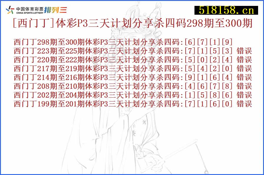 [西门丁]体彩P3三天计划分享杀四码298期至300期