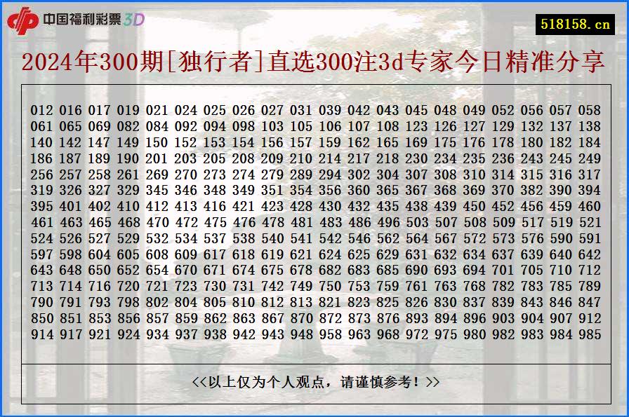 2024年300期[独行者]直选300注3d专家今日精准分享