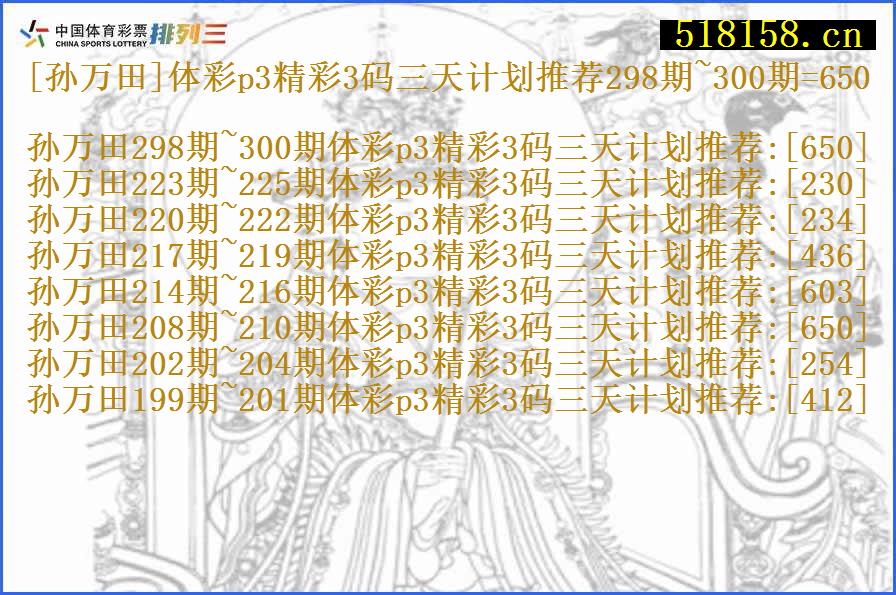 [孙万田]体彩p3精彩3码三天计划推荐298期~300期=650