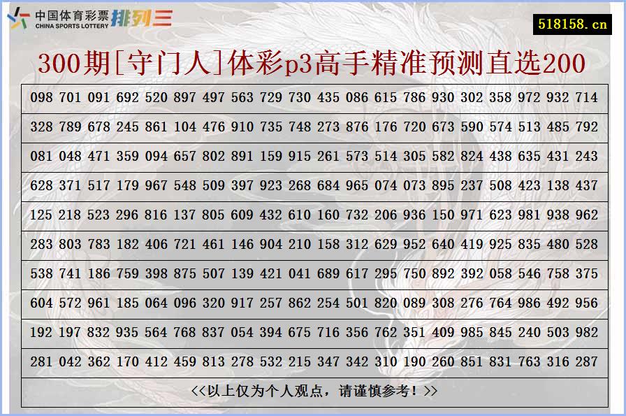 300期[守门人]体彩p3高手精准预测直选200