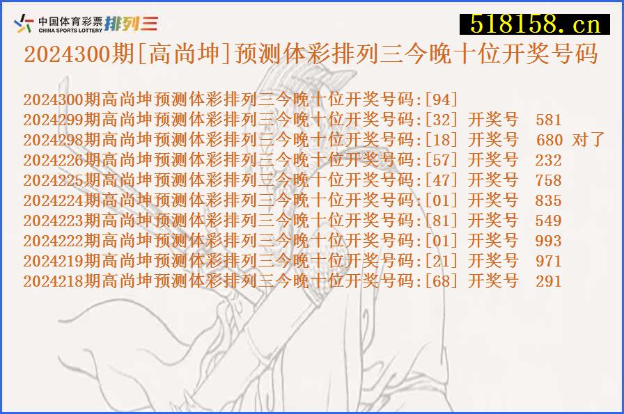 2024300期[高尚坤]预测体彩排列三今晚十位开奖号码