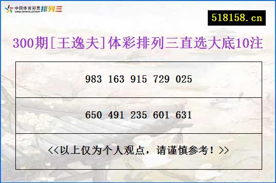 300期[王逸夫]体彩排列三直选大底10注