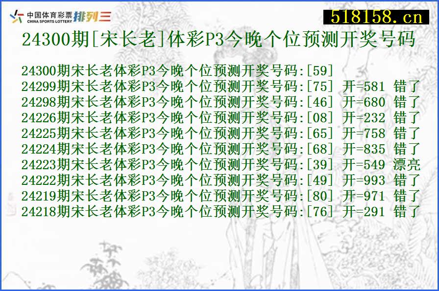 24300期[宋长老]体彩P3今晚个位预测开奖号码