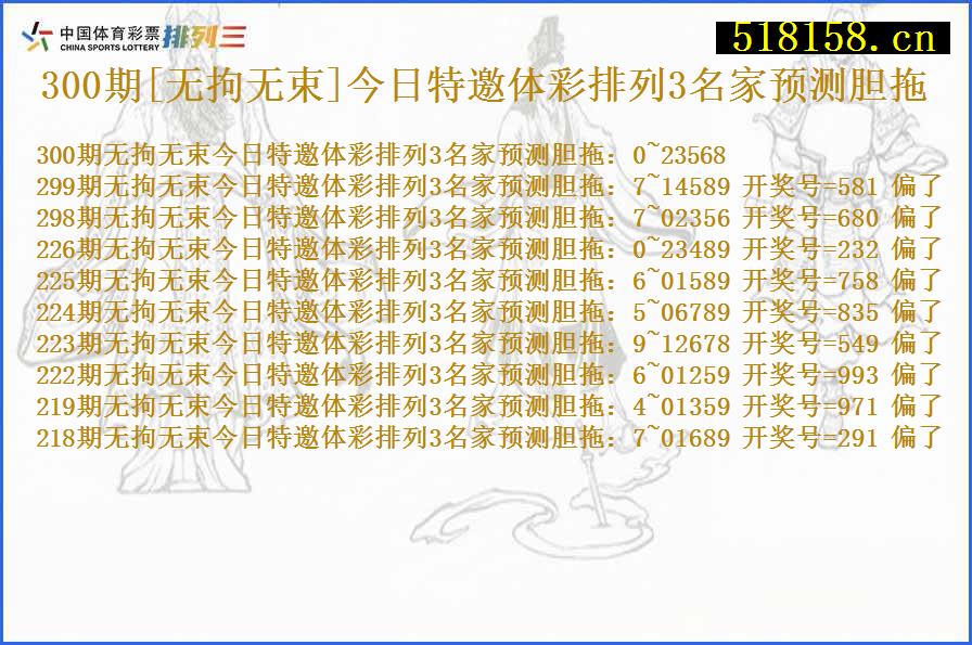 300期[无拘无束]今日特邀体彩排列3名家预测胆拖