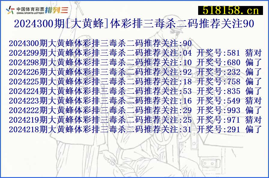 2024300期[大黄蜂]体彩排三毒杀二码推荐关注90