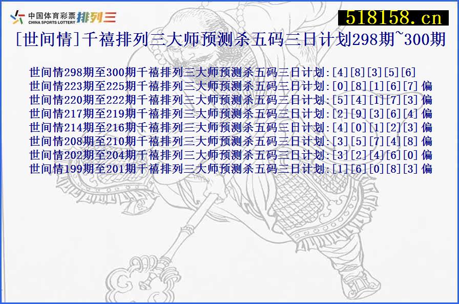 [世间情]千禧排列三大师预测杀五码三日计划298期~300期