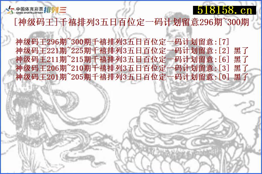 [神级码王]千禧排列3五日百位定一码计划留意296期~300期