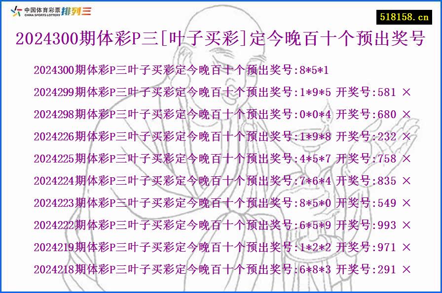 2024300期体彩P三[叶子买彩]定今晚百十个预出奖号