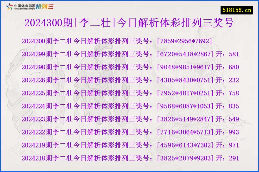 2024300期[李二壮]今日解析体彩排列三奖号