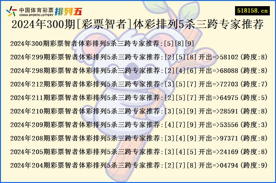 2024年300期[彩票智者]体彩排列5杀三跨专家推荐