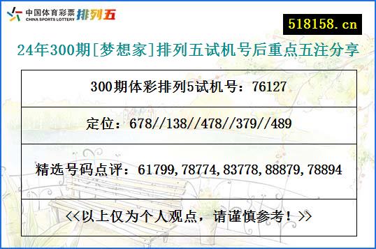 24年300期[梦想家]排列五试机号后重点五注分享