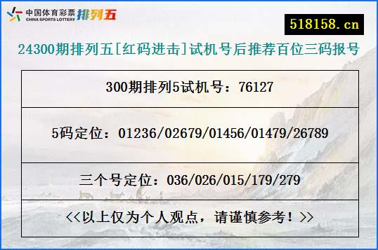 24300期排列五[红码进击]试机号后推荐百位三码报号