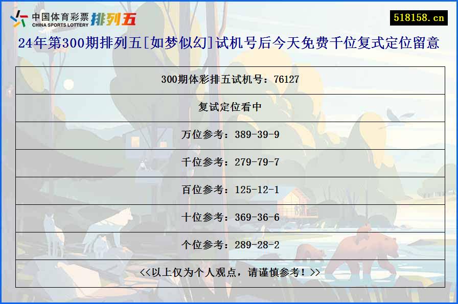 24年第300期排列五[如梦似幻]试机号后今天免费千位复式定位留意