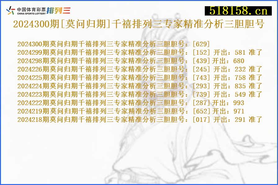 2024300期[莫问归期]千禧排列三专家精准分析三胆胆号
