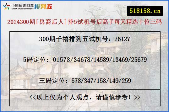 2024300期[禹裔后人]排5试机号后高手每天精选十位三码