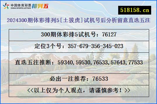 2024300期体彩排列5[土拔虎]试机号后分析留意直选五注