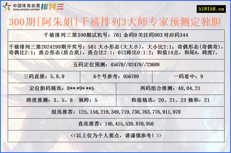 300期[阿朱姐]千禧排列3大师专家预测定独胆